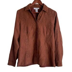 Sag Harbor Women Top M Brown Faux Suede Embroidery Floral Boho Cottage Fairygoth